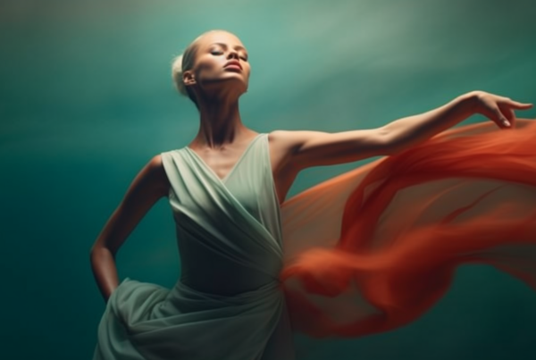 A woman in a dress is gracefully flying through the air in this captivating image. Her flowing dress billows around her as her hair blows in the wind. The dress is a beautiful shade of green, and she is holding a red and white umbrella. The woman exudes a sense of freedom and joy as she floats through the sky. The background is a serene mix of earthy tones, enhancing the peaceful and dreamlike quality of the scene. This image captures a moment of pure magic and wonder, inviting the viewer to imagine the woman''s journey through the sky.