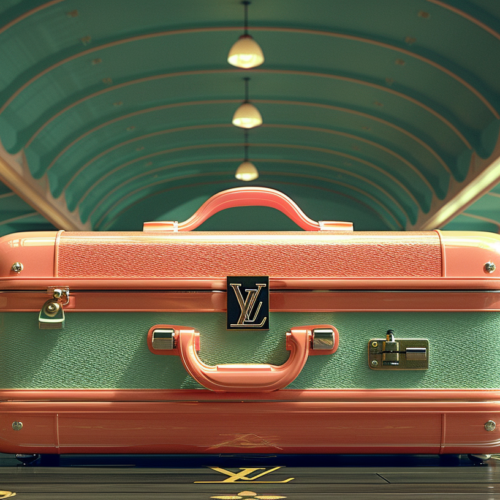This image showcases a suitcase placed on a tiled floor inside a building. The background features a green light fixture, adding a pop of color to the scene. The suitcase stands out with its red and green color scheme. The room also contains multiple lamps of varying sizes. The reflection of the suitcase can be seen on a mirror nearby. The overall color palette includes shades of brown, green, and white. The setting gives off a vintage vibe, reminiscent of a classic train station. This composition offers a mix of traditional and modern elements, creating a visually interesting scene.