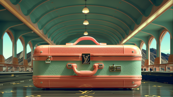 This image showcases a suitcase placed on a tiled floor inside a building. The background features a green light fixture, adding a pop of color to the scene. The suitcase stands out with its red and green color scheme. The room also contains multiple lamps of varying sizes. The reflection of the suitcase can be seen on a mirror nearby. The overall color palette includes shades of brown, green, and white. The setting gives off a vintage vibe, reminiscent of a classic train station. This composition offers a mix of traditional and modern elements, creating a visually interesting scene.