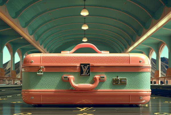 This image showcases a suitcase placed on a tiled floor inside a building. The background features a green light fixture, adding a pop of color to the scene. The suitcase stands out with its red and green color scheme. The room also contains multiple lamps of varying sizes. The reflection of the suitcase can be seen on a mirror nearby. The overall color palette includes shades of brown, green, and white. The setting gives off a vintage vibe, reminiscent of a classic train station. This composition offers a mix of traditional and modern elements, creating a visually interesting scene.