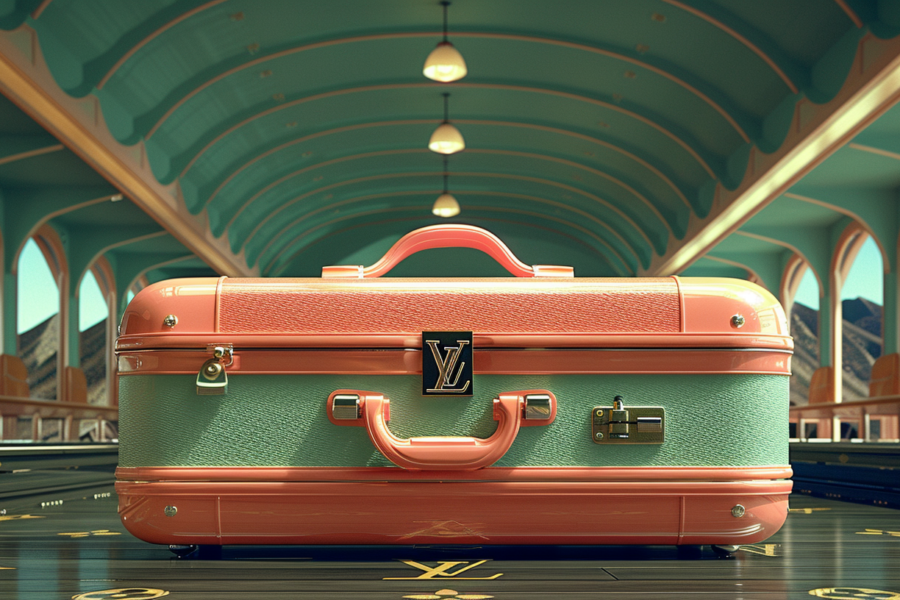 This image showcases a suitcase placed on a tiled floor inside a building. The background features a green light fixture, adding a pop of color to the scene. The suitcase stands out with its red and green color scheme. The room also contains multiple lamps of varying sizes. The reflection of the suitcase can be seen on a mirror nearby. The overall color palette includes shades of brown, green, and white. The setting gives off a vintage vibe, reminiscent of a classic train station. This composition offers a mix of traditional and modern elements, creating a visually interesting scene.