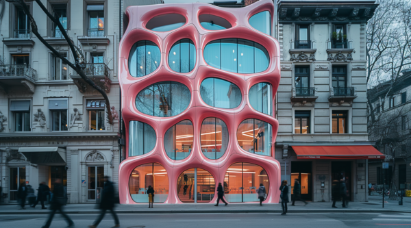 A bustling city street scene is depicted, with a building featuring a vibrant pink facade standing out prominently. The street is filled with people of various genders and ages, some walking leisurely while others are stationary. The building''s pink facade is accented by a red awning and a glass window, adding visual interest to the urban landscape. The color palette of the scene includes shades of pink, red, and blue, creating a harmonious and lively atmosphere. The architecture of the building is modern and stylish, blending seamlessly with the surrounding cityscape.