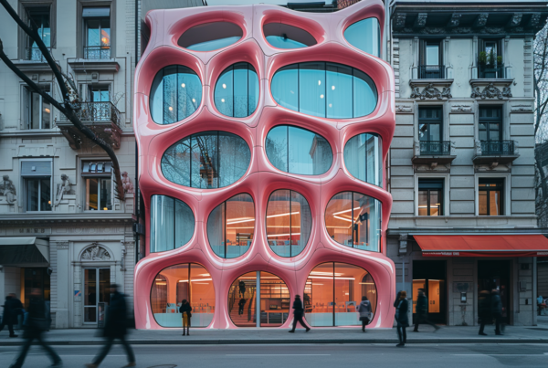 A bustling city street scene is depicted, with a building featuring a vibrant pink facade standing out prominently. The street is filled with people of various genders and ages, some walking leisurely while others are stationary. The building''s pink facade is accented by a red awning and a glass window, adding visual interest to the urban landscape. The color palette of the scene includes shades of pink, red, and blue, creating a harmonious and lively atmosphere. The architecture of the building is modern and stylish, blending seamlessly with the surrounding cityscape.