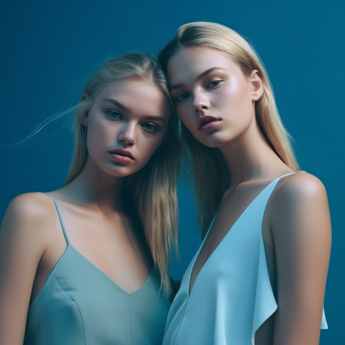 In this image, we see two young women wearing elegant blue dresses. Both women are posing for a picture, standing confidently with one hand on their hips. The woman on the left has long blonde hair and blue eyes, while the woman on the right has dark hair. They are both models, exuding grace and style in their attire. The background is a solid blue color, emphasizing the beauty of the women and their outfits. The women are the focal point of the image, radiating confidence and sophistication. This picture captures a moment of glamour and poise, perfect for a fashion magazine or advertisement.