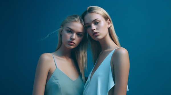 In this image, we see two young women wearing elegant blue dresses. Both women are posing for a picture, standing confidently with one hand on their hips. The woman on the left has long blonde hair and blue eyes, while the woman on the right has dark hair. They are both models, exuding grace and style in their attire. The background is a solid blue color, emphasizing the beauty of the women and their outfits. The women are the focal point of the image, radiating confidence and sophistication. This picture captures a moment of glamour and poise, perfect for a fashion magazine or advertisement.