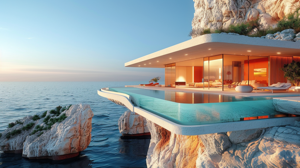 A stunning modern house perched on a cliff overlooking the vast ocean, creating a breathtaking view that is both serene and luxurious. The house features a beautiful pool with a lounge chair and a poolside lounger, perfect for relaxing and enjoying the picturesque surroundings. The design of the house is sleek and contemporary, blending seamlessly with the natural landscape. The color palette consists of shades of blue, grey, and earth tones, enhancing the tranquil atmosphere. This cliffside villa offers a unique and exclusive experience, with a perfect balance of modern elegance and natural beauty.