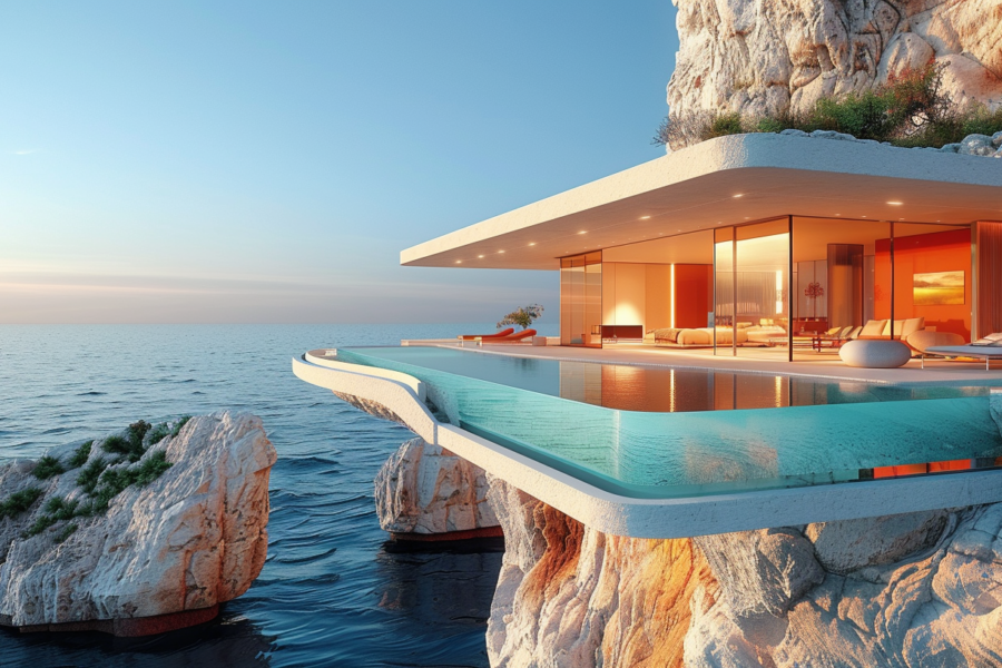 A stunning modern house perched on a cliff overlooking the vast ocean, creating a breathtaking view that is both serene and luxurious. The house features a beautiful pool with a lounge chair and a poolside lounger, perfect for relaxing and enjoying the picturesque surroundings. The design of the house is sleek and contemporary, blending seamlessly with the natural landscape. The color palette consists of shades of blue, grey, and earth tones, enhancing the tranquil atmosphere. This cliffside villa offers a unique and exclusive experience, with a perfect balance of modern elegance and natural beauty.