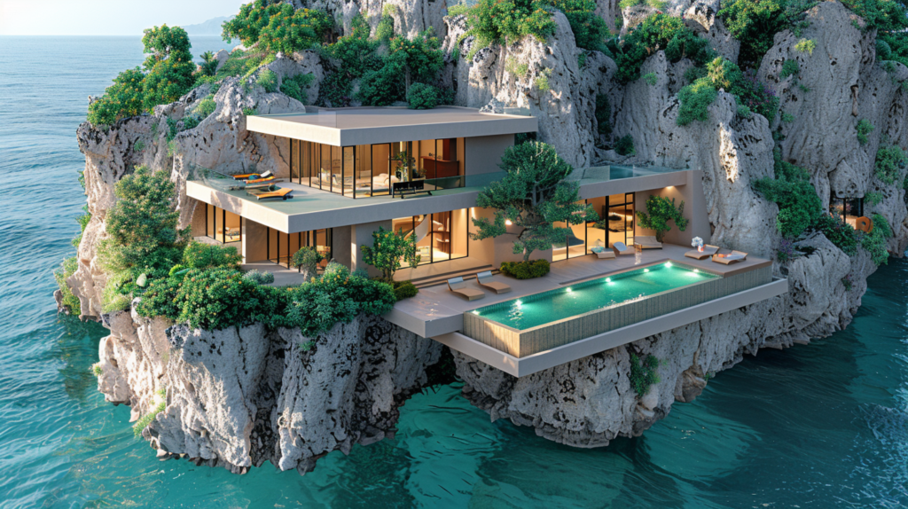 A stunning modern house sits perched on a cliff overlooking the ocean, with a luxurious swimming pool and a spacious patio area. The pool is adorned with two comfortable lounge chairs and surrounded by lush greenery, including a potted plant. The house exudes elegance and relaxation, making it the perfect retreat for anyone looking to unwind in a picturesque setting. The color scheme of the scene includes shades of blue, green, and neutral tones, creating a harmonious and calming atmosphere. This idyllic villa is truly a dream home for those seeking a tranquil oasis by the water.