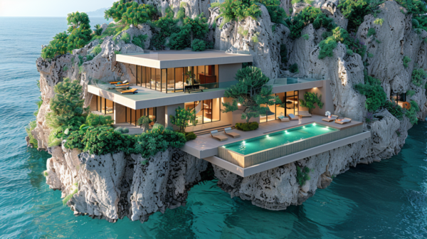 A stunning modern house sits perched on a cliff overlooking the ocean, with a luxurious swimming pool and a spacious patio area. The pool is adorned with two comfortable lounge chairs and surrounded by lush greenery, including a potted plant. The house exudes elegance and relaxation, making it the perfect retreat for anyone looking to unwind in a picturesque setting. The color scheme of the scene includes shades of blue, green, and neutral tones, creating a harmonious and calming atmosphere. This idyllic villa is truly a dream home for those seeking a tranquil oasis by the water.