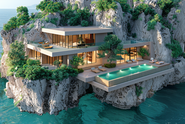 A stunning modern house sits perched on a cliff overlooking the ocean, with a luxurious swimming pool and a spacious patio area. The pool is adorned with two comfortable lounge chairs and surrounded by lush greenery, including a potted plant. The house exudes elegance and relaxation, making it the perfect retreat for anyone looking to unwind in a picturesque setting. The color scheme of the scene includes shades of blue, green, and neutral tones, creating a harmonious and calming atmosphere. This idyllic villa is truly a dream home for those seeking a tranquil oasis by the water.