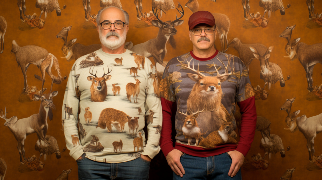 Two men are standing next to each other in front of a wall that is adorned with intricate designs of deer and bears. The men are wearing matching sweaters, and one of them is wearing a hat and glasses. The wall art features various images of deer and bears in different poses. The men appear to be admiring the artwork on the wall. One man is older, around 70 years old, while the other is younger, around 58 years old. The colors in the scene are predominantly earthy tones, with browns and oranges dominating the color palette.