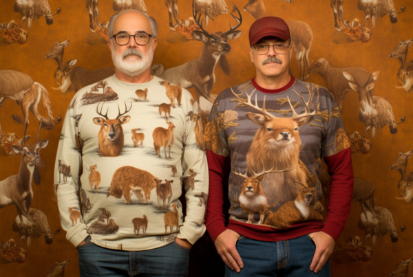 Two men are standing next to each other in front of a wall that is adorned with intricate designs of deer and bears. The men are wearing matching sweaters, and one of them is wearing a hat and glasses. The wall art features various images of deer and bears in different poses. The men appear to be admiring the artwork on the wall. One man is older, around 70 years old, while the other is younger, around 58 years old. The colors in the scene are predominantly earthy tones, with browns and oranges dominating the color palette.