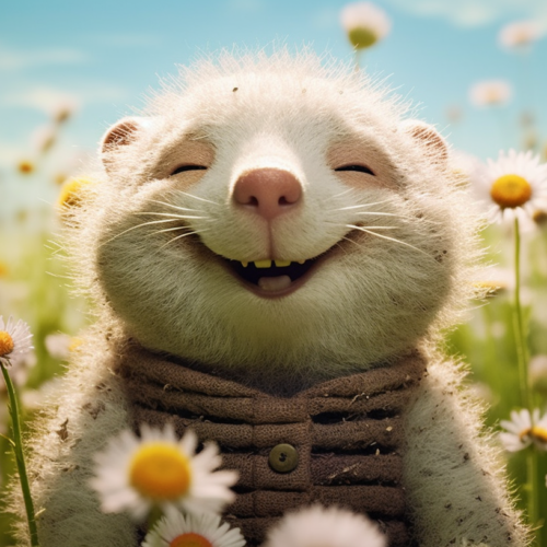 In this image, a smiling cat is joyfully nestled in a lush field of vibrant daisies. The cat''s expression exudes happiness and contentment, with a toothy grin that radiates warmth. The field is filled with a variety of colorful flowers, adding a beautiful contrast to the cat''s fur. The scene is peaceful and serene, with the cat seemingly basking in the beauty of nature around it. The cat also wears a collar around its neck, hinting at a loving relationship with its human companion. The overall atmosphere is one of tranquility and joy, capturing a perfect moment of connection between the cat and its surroundings.