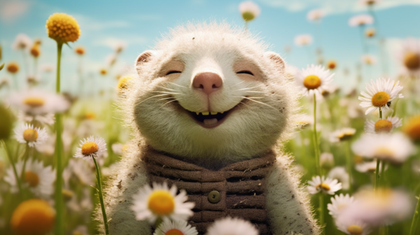 In this image, a smiling cat is joyfully nestled in a lush field of vibrant daisies. The cat''s expression exudes happiness and contentment, with a toothy grin that radiates warmth. The field is filled with a variety of colorful flowers, adding a beautiful contrast to the cat''s fur. The scene is peaceful and serene, with the cat seemingly basking in the beauty of nature around it. The cat also wears a collar around its neck, hinting at a loving relationship with its human companion. The overall atmosphere is one of tranquility and joy, capturing a perfect moment of connection between the cat and its surroundings.