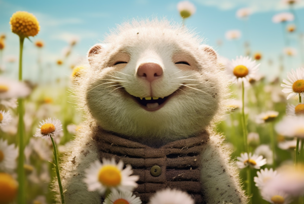 In this image, a smiling cat is joyfully nestled in a lush field of vibrant daisies. The cat''s expression exudes happiness and contentment, with a toothy grin that radiates warmth. The field is filled with a variety of colorful flowers, adding a beautiful contrast to the cat''s fur. The scene is peaceful and serene, with the cat seemingly basking in the beauty of nature around it. The cat also wears a collar around its neck, hinting at a loving relationship with its human companion. The overall atmosphere is one of tranquility and joy, capturing a perfect moment of connection between the cat and its surroundings.