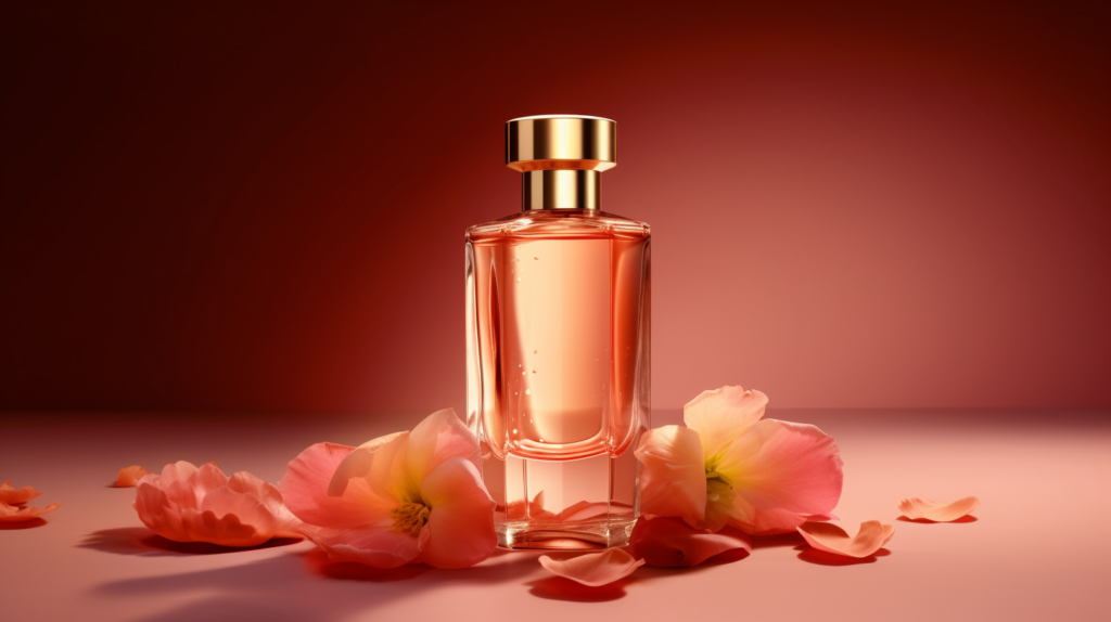 A beautiful scene featuring a bottle of perfume with a pink background. The bottle has a gold cap and is placed on a table. Surrounding the bottle are pink flowers, adding a touch of elegance to the composition. The overall color scheme includes shades of pink, red, and white. The image exudes a sense of femininity and luxury, perfect for a romantic setting or a beauty product advertisement. The delicate flowers complement the perfume bottle, creating a visually appealing and harmonious display. This image captures the essence of sophistication and grace.