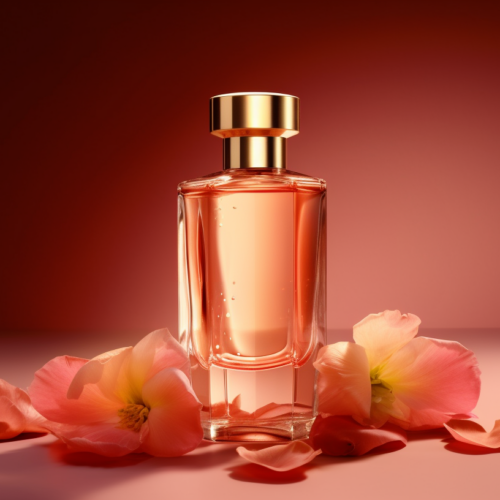 A beautiful scene featuring a bottle of perfume with a pink background. The bottle has a gold cap and is placed on a table. Surrounding the bottle are pink flowers, adding a touch of elegance to the composition. The overall color scheme includes shades of pink, red, and white. The image exudes a sense of femininity and luxury, perfect for a romantic setting or a beauty product advertisement. The delicate flowers complement the perfume bottle, creating a visually appealing and harmonious display. This image captures the essence of sophistication and grace.