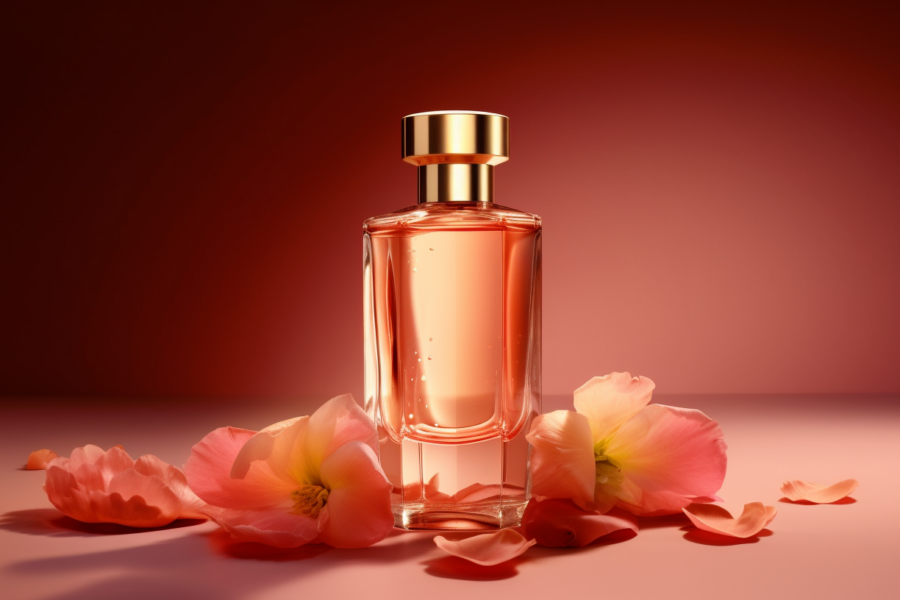 A beautiful scene featuring a bottle of perfume with a pink background. The bottle has a gold cap and is placed on a table. Surrounding the bottle are pink flowers, adding a touch of elegance to the composition. The overall color scheme includes shades of pink, red, and white. The image exudes a sense of femininity and luxury, perfect for a romantic setting or a beauty product advertisement. The delicate flowers complement the perfume bottle, creating a visually appealing and harmonious display. This image captures the essence of sophistication and grace.