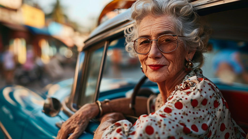 A woman wearing glasses is sitting in the driver''s seat of a car. She has short gray hair and a friendly smile on her face. The woman is wearing a blue polka dot shirt and a bracelet on her left wrist. The car window is partially rolled down, allowing a glimpse of the outside. The interior of the car is dimly lit, with the woman''s glasses reflecting the light. The overall atmosphere is calm and serene, with a focus on the woman''s expression and the details of her outfit.