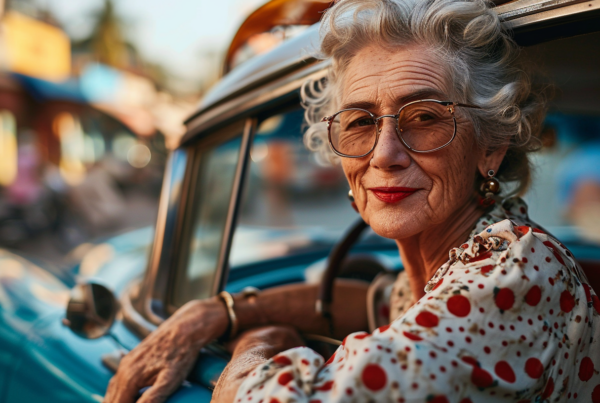 A woman wearing glasses is sitting in the driver''s seat of a car. She has short gray hair and a friendly smile on her face. The woman is wearing a blue polka dot shirt and a bracelet on her left wrist. The car window is partially rolled down, allowing a glimpse of the outside. The interior of the car is dimly lit, with the woman''s glasses reflecting the light. The overall atmosphere is calm and serene, with a focus on the woman''s expression and the details of her outfit.