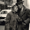 A black and white photo capturing a man and woman walking down a city street. The man, aged 71, is dressed in a coat and hat, while the woman, also aged 71, accompanies him. In the background, a car can be seen parked on the street. The man wears a tie, adding a formal touch to his outfit. The image also includes various other objects such as a hat and a car. The overall scene exudes a classic and timeless feel, reminiscent of a bygone era.