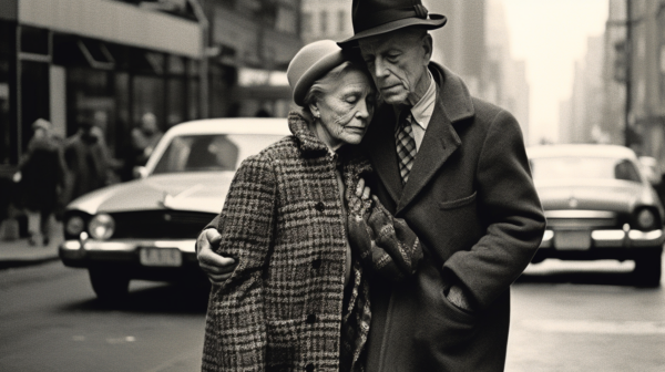 A black and white photo capturing a man and woman walking down a city street. The man, aged 71, is dressed in a coat and hat, while the woman, also aged 71, accompanies him. In the background, a car can be seen parked on the street. The man wears a tie, adding a formal touch to his outfit. The image also includes various other objects such as a hat and a car. The overall scene exudes a classic and timeless feel, reminiscent of a bygone era.