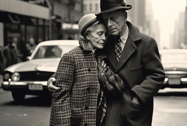 A black and white photo capturing a man and woman walking down a city street. The man, aged 71, is dressed in a coat and hat, while the woman, also aged 71, accompanies him. In the background, a car can be seen parked on the street. The man wears a tie, adding a formal touch to his outfit. The image also includes various other objects such as a hat and a car. The overall scene exudes a classic and timeless feel, reminiscent of a bygone era.