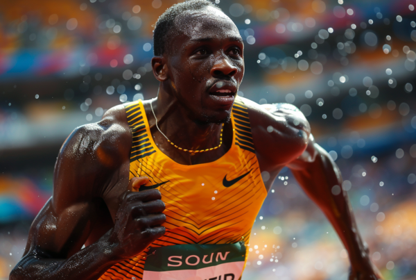 In this image, we see a man participating in a race, sprinting with determination on a track. His face is drenched with water, indicating that he is exerting himself fully. The man is wearing a yellow shirt and black shorts, with a necklace around his neck. The focus is on the man''s face, capturing his intense expression as he competes. The background suggests that he is running in a stadium. The image conveys a sense of athleticism and competition, showcasing the physical and mental strength required in sports.