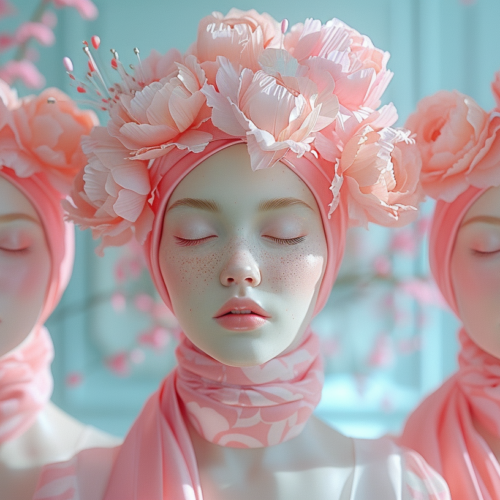 Three mannequins are displayed wearing pink head coverings adorned with flowers. The mannequins are positioned in a row, each showcasing a unique style of headscarf and floral arrangement. The first mannequin features a pink headscarf with a large flower on the side. The second mannequin wears a pink headscarf with smaller flowers scattered throughout. The third mannequin''s head covering is also pink, with a prominent floral design at the front. The mannequins exude a feminine and stylish vibe with their coordinated pink and floral ensembles, creating a visually appealing display.