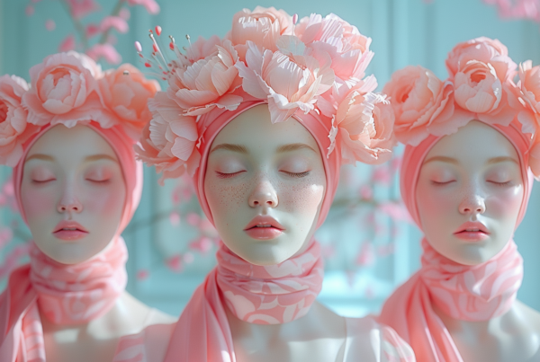 Three mannequins are displayed wearing pink head coverings adorned with flowers. The mannequins are positioned in a row, each showcasing a unique style of headscarf and floral arrangement. The first mannequin features a pink headscarf with a large flower on the side. The second mannequin wears a pink headscarf with smaller flowers scattered throughout. The third mannequin''s head covering is also pink, with a prominent floral design at the front. The mannequins exude a feminine and stylish vibe with their coordinated pink and floral ensembles, creating a visually appealing display.