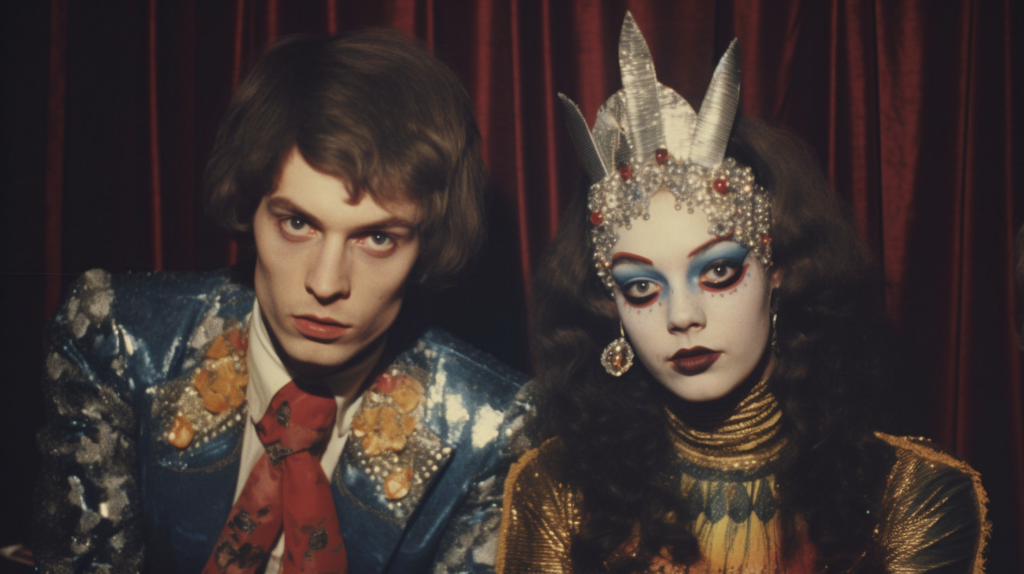 In this image, we see a man and a woman dressed up in costume. The man is wearing a red tie with a black and white picture of a dog on it. The woman has blue makeup on. The man''s tie is prominently featured in the image, with a primary color palette of brown, gray, and black. The woman is sitting on a couch, while the man is standing next to her. The overall color scheme of the image includes shades of brown, black, and beige. Both individuals appear to be in their mid-twenties, with the man identified as male and the woman identified as female.