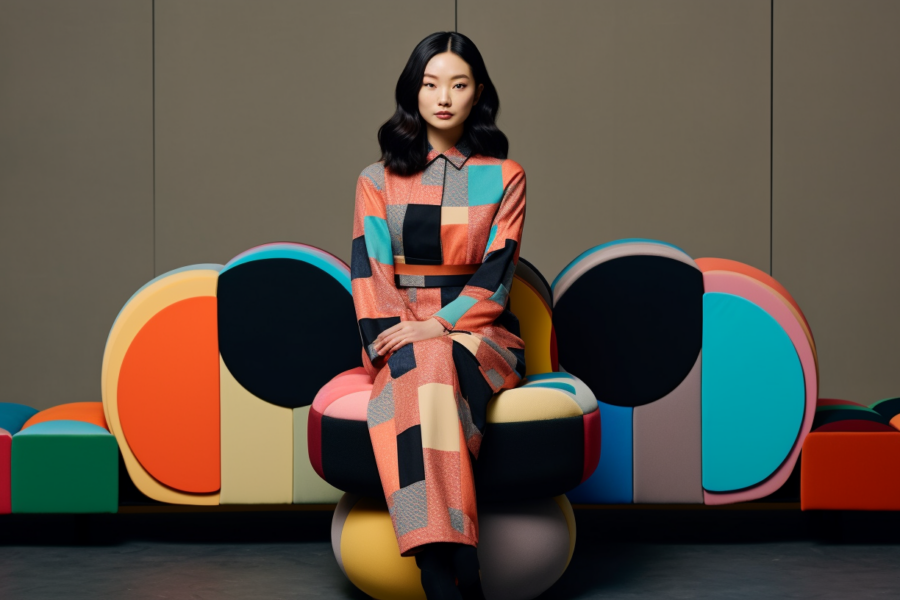 In the image, a young woman is elegantly seated on a vibrant and colorful chair in a room. She is wearing a beautiful, colorful dress and a bracelet on her wrist. The room features a sculpture and a book, adding to the artistic atmosphere. The woman has long hair and is the focal point of the image. A confident and stylish aura surrounds her as she sits gracefully. The color palette of the scene includes shades of blue, brown, and orange, creating a visually striking composition. Additionally, a close-up of the woman''s face shows a female in her mid-twenties.