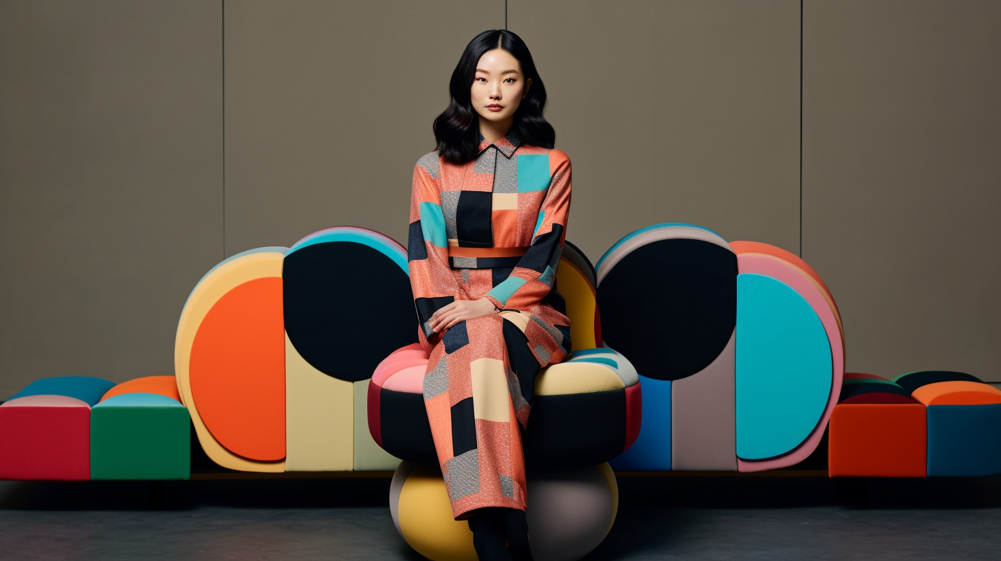 In the image, a young woman is elegantly seated on a vibrant and colorful chair in a room. She is wearing a beautiful, colorful dress and a bracelet on her wrist. The room features a sculpture and a book, adding to the artistic atmosphere. The woman has long hair and is the focal point of the image. A confident and stylish aura surrounds her as she sits gracefully. The color palette of the scene includes shades of blue, brown, and orange, creating a visually striking composition. Additionally, a close-up of the woman''s face shows a female in her mid-twenties.