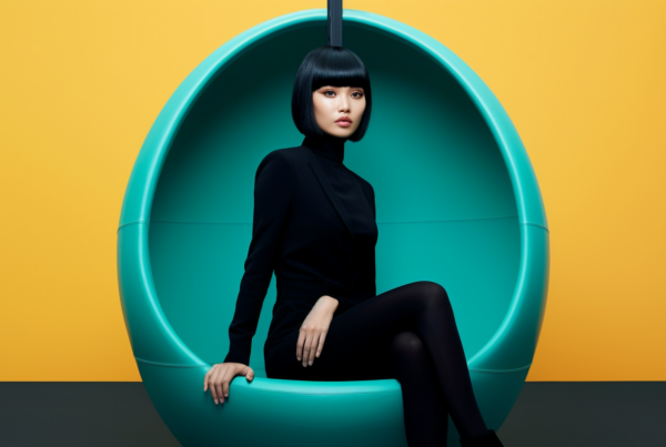 In this image, we see a woman sitting in a green chair with a black top. She is wearing a black dress and black tights, and her hair is styled in a sleek manner. The woman appears to be relaxed and comfortable as she sits in the chair. The background consists of a blue vase, adding a pop of color to the scene. The overall color palette of the image includes shades of blue, green, and black. The woman''s facial features suggest she is around 24 years old, and she exudes a sense of elegance and poise.