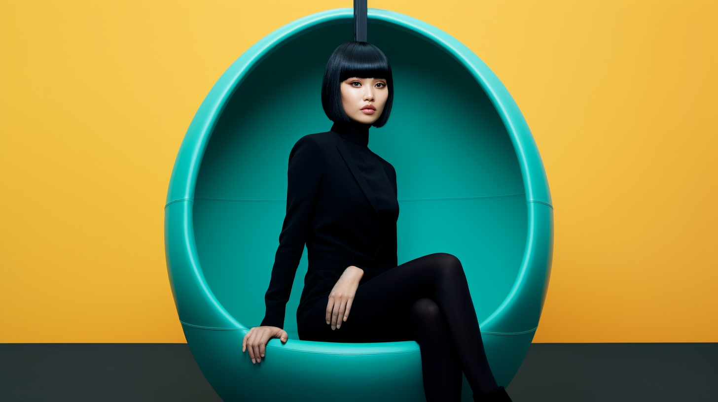 In this image, we see a woman sitting in a green chair with a black top. She is wearing a black dress and black tights, and her hair is styled in a sleek manner. The woman appears to be relaxed and comfortable as she sits in the chair. The background consists of a blue vase, adding a pop of color to the scene. The overall color palette of the image includes shades of blue, green, and black. The woman''s facial features suggest she is around 24 years old, and she exudes a sense of elegance and poise.