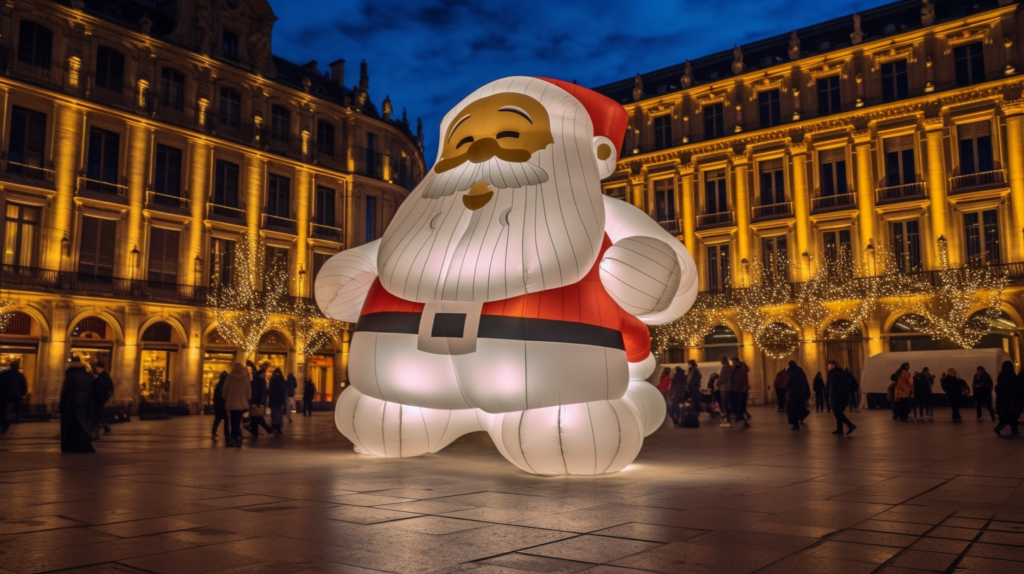 A large inflatable Santa Claus is prominently displayed in a bustling plaza, surrounded by a diverse crowd of people. The festive scene captures the holiday spirit, with the iconic figure towering over the scene. The plaza is decorated with colorful Christmas lights, creating a cheerful ambiance. The crowd includes individuals of various ages and backgrounds, some walking and others sitting on benches. The atmosphere is lively and joyful, with the sound of laughter and chatter filling the air. The image conveys a sense of community and celebration during the holiday season