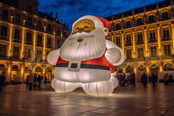 A large inflatable Santa Claus is prominently displayed in a bustling plaza, surrounded by a diverse crowd of people. The festive scene captures the holiday spirit, with the iconic figure towering over the scene. The plaza is decorated with colorful Christmas lights, creating a cheerful ambiance. The crowd includes individuals of various ages and backgrounds, some walking and others sitting on benches. The atmosphere is lively and joyful, with the sound of laughter and chatter filling the air. The image conveys a sense of community and celebration during the holiday season