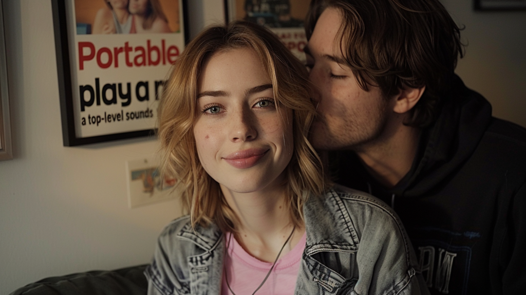 In the image, a man and a woman are sitting on a couch in a living room. The woman, who appears to be in her late 20s, is wearing a pink necklace and has long hair. They are positioned in front of a poster. Additionally, there is a picture or frame hanging on the wall nearby. The woman''s face is the focus of the image, with the man behind her. The setting suggests a cozy and intimate atmosphere, with the couple engaged in a romantic moment. The colors in the image include shades of brown, black, and gray, creating a warm and inviting ambiance.