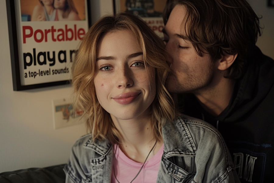 In the image, a man and a woman are sitting on a couch in a living room. The woman, who appears to be in her late 20s, is wearing a pink necklace and has long hair. They are positioned in front of a poster. Additionally, there is a picture or frame hanging on the wall nearby. The woman''s face is the focus of the image, with the man behind her. The setting suggests a cozy and intimate atmosphere, with the couple engaged in a romantic moment. The colors in the image include shades of brown, black, and gray, creating a warm and inviting ambiance.