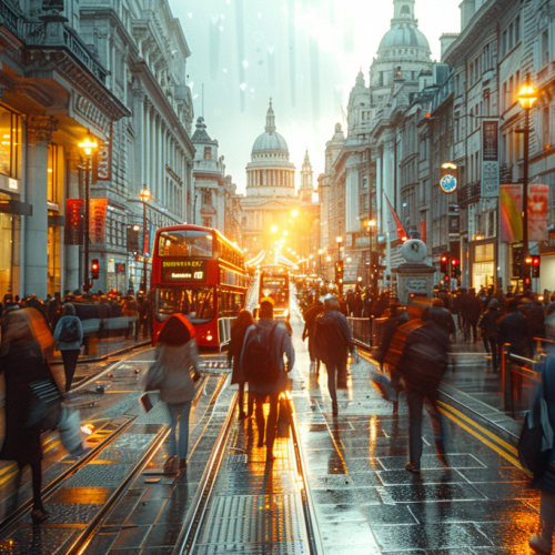 This image depicts a bustling city street scene with a diverse group of people walking along the pavement. In the foreground, there is a bus driving down the street. The street is lined with street lights and a traffic light can be seen in the distance. People of various ages and genders are walking, some carrying handbags or wearing hats. The scene suggests a rainy day as some individuals are holding umbrellas. The overall atmosphere is busy and urban, with a mix of pedestrians and public transportation contributing to the dynamic energy of the city.