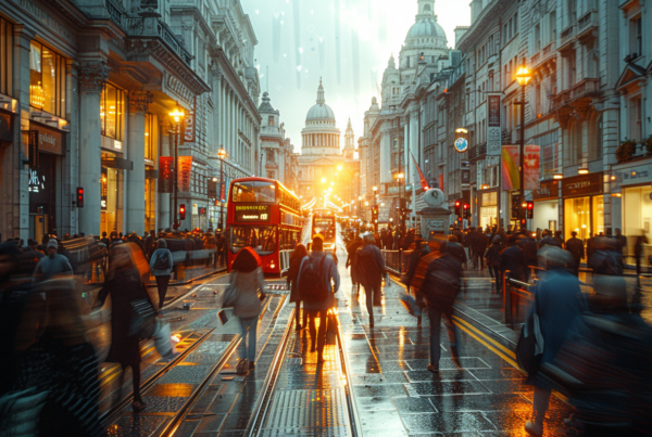 This image depicts a bustling city street scene with a diverse group of people walking along the pavement. In the foreground, there is a bus driving down the street. The street is lined with street lights and a traffic light can be seen in the distance. People of various ages and genders are walking, some carrying handbags or wearing hats. The scene suggests a rainy day as some individuals are holding umbrellas. The overall atmosphere is busy and urban, with a mix of pedestrians and public transportation contributing to the dynamic energy of the city.