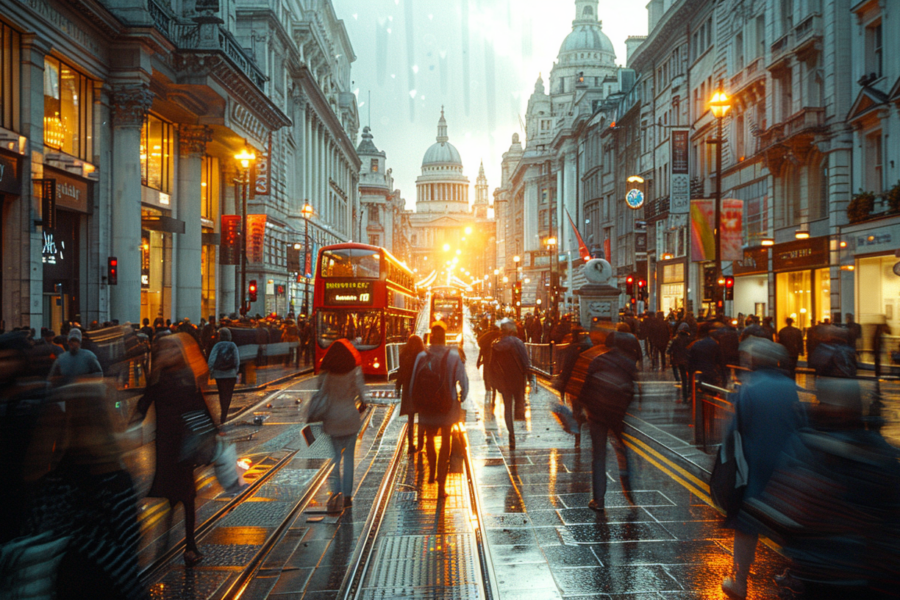 This image depicts a bustling city street scene with a diverse group of people walking along the pavement. In the foreground, there is a bus driving down the street. The street is lined with street lights and a traffic light can be seen in the distance. People of various ages and genders are walking, some carrying handbags or wearing hats. The scene suggests a rainy day as some individuals are holding umbrellas. The overall atmosphere is busy and urban, with a mix of pedestrians and public transportation contributing to the dynamic energy of the city.