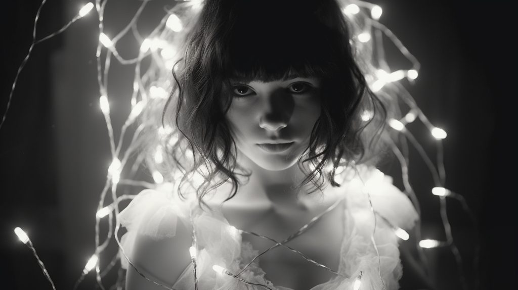 In this image, we see a woman standing with a veil on her head. The background is filled with lights that create a dramatic and mysterious atmosphere. The woman appears to be outdoors at night, surrounded by street lights. She is wearing a dark outfit, and her face is partially obscured by the veil. The overall scene is in black and white, adding to the contrast and mood of the image. The woman''s posture and expression suggest a sense of contemplation or mystery. The lights in the background create a halo effect around her head, emphasizing her presence in the scene.
