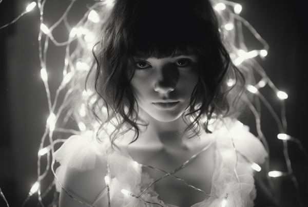 In this image, we see a woman standing with a veil on her head. The background is filled with lights that create a dramatic and mysterious atmosphere. The woman appears to be outdoors at night, surrounded by street lights. She is wearing a dark outfit, and her face is partially obscured by the veil. The overall scene is in black and white, adding to the contrast and mood of the image. The woman''s posture and expression suggest a sense of contemplation or mystery. The lights in the background create a halo effect around her head, emphasizing her presence in the scene.