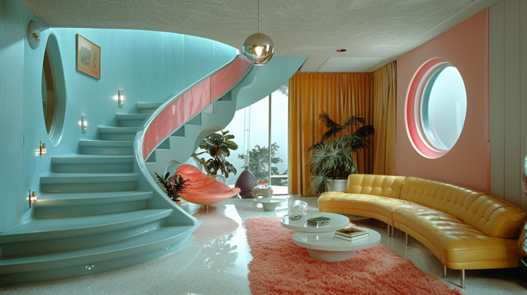A cozy living room is depicted in this image, featuring a vibrant color palette of pink and blue. The focal point of the room is a stylish curved couch, complemented by a matching curved staircase that adds a touch of elegance. Various decor elements are scattered throughout the room, including a yellow chair, potted plants, lamps, and a beautiful carpet with hints of orange. The room exudes a tropical theme with its warm tones and inviting atmosphere. This well-designed space is perfect for relaxation and entertaining guests.