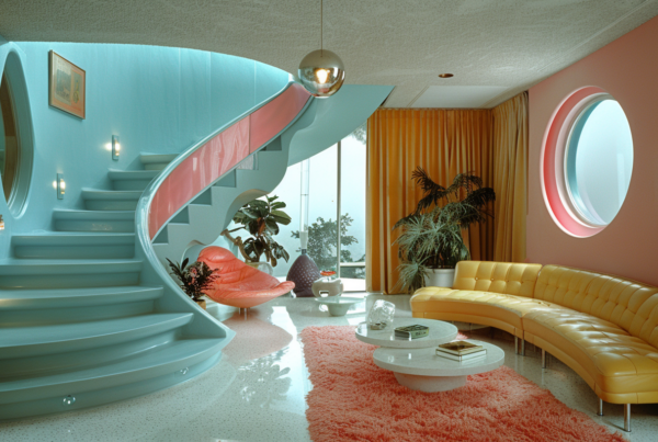 A cozy living room is depicted in this image, featuring a vibrant color palette of pink and blue. The focal point of the room is a stylish curved couch, complemented by a matching curved staircase that adds a touch of elegance. Various decor elements are scattered throughout the room, including a yellow chair, potted plants, lamps, and a beautiful carpet with hints of orange. The room exudes a tropical theme with its warm tones and inviting atmosphere. This well-designed space is perfect for relaxation and entertaining guests.