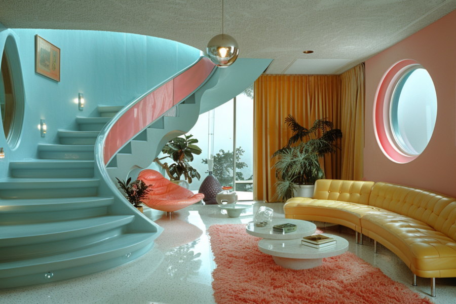 A cozy living room is depicted in this image, featuring a vibrant color palette of pink and blue. The focal point of the room is a stylish curved couch, complemented by a matching curved staircase that adds a touch of elegance. Various decor elements are scattered throughout the room, including a yellow chair, potted plants, lamps, and a beautiful carpet with hints of orange. The room exudes a tropical theme with its warm tones and inviting atmosphere. This well-designed space is perfect for relaxation and entertaining guests.