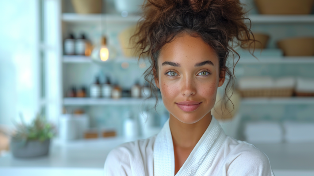 A woman is standing in a room with a towel wrapped around her head. She has a bathrobe on and appears to be in a relaxed state. In the background, there is a potted plant with green leaves. The woman''s face is visible, showing a slight smile and some freckles. She has messy hair and is looking directly at the camera. The room also contains a cabinet/shelf. The overall color scheme of the image includes shades of blue, brown, and gray. The woman appears to be in her late 20s and is of Caucasian descent.