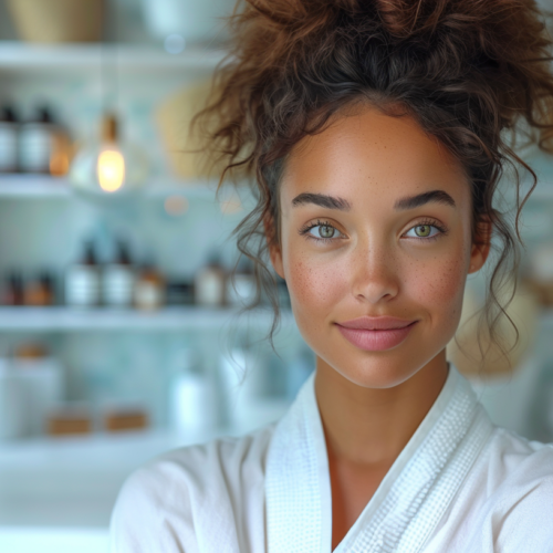 A woman is standing in a room with a towel wrapped around her head. She has a bathrobe on and appears to be in a relaxed state. In the background, there is a potted plant with green leaves. The woman''s face is visible, showing a slight smile and some freckles. She has messy hair and is looking directly at the camera. The room also contains a cabinet/shelf. The overall color scheme of the image includes shades of blue, brown, and gray. The woman appears to be in her late 20s and is of Caucasian descent.