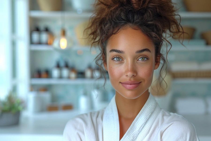 A woman is standing in a room with a towel wrapped around her head. She has a bathrobe on and appears to be in a relaxed state. In the background, there is a potted plant with green leaves. The woman''s face is visible, showing a slight smile and some freckles. She has messy hair and is looking directly at the camera. The room also contains a cabinet/shelf. The overall color scheme of the image includes shades of blue, brown, and gray. The woman appears to be in her late 20s and is of Caucasian descent.